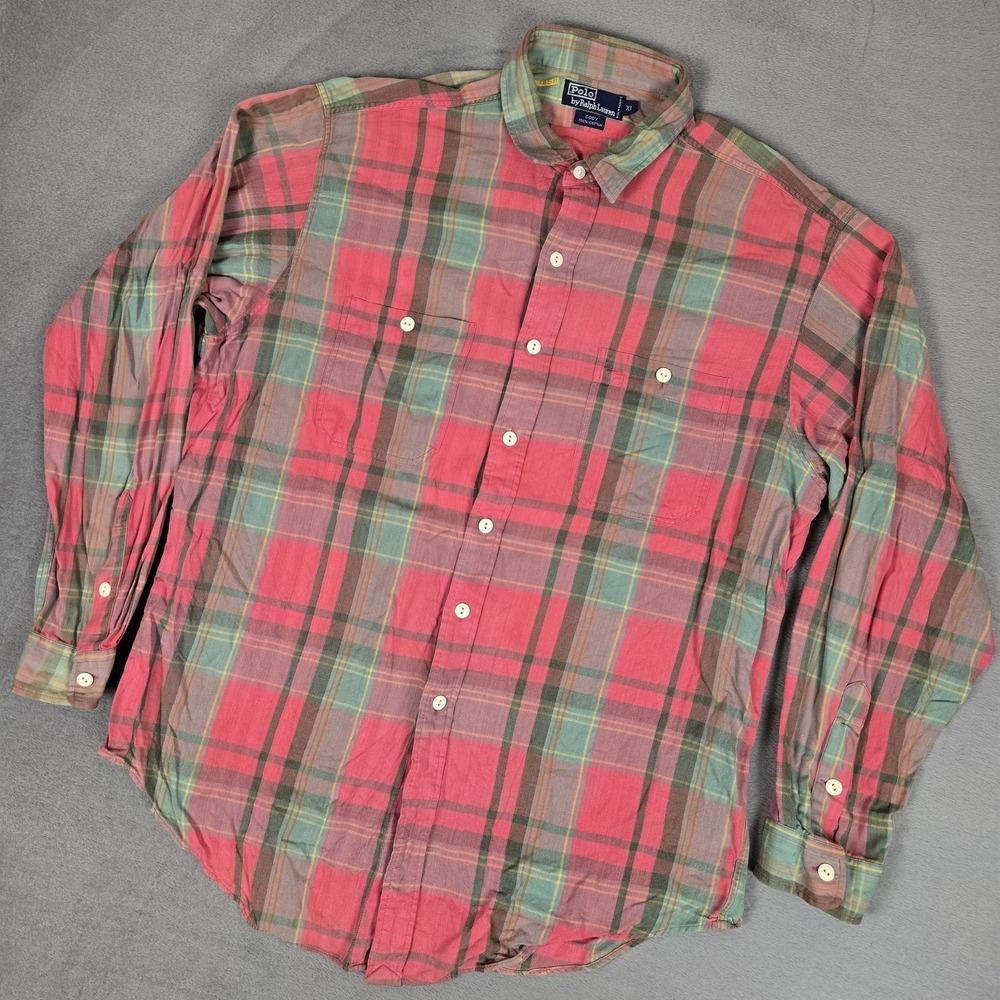 VTG Polo Ralph Lauren Cody Shirt Mens‎ XL Red Green Plaid Long Sleeve Button-Up
